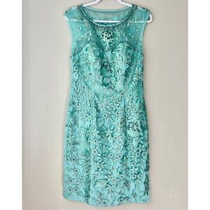 Sue Wong | Aqua Turquoise Nocturne Beaded Floral Sheath Cocktail Dress